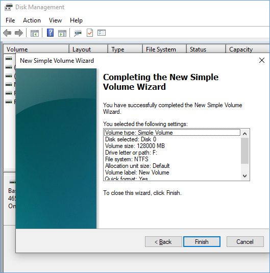 Completing the new simple volume wizard