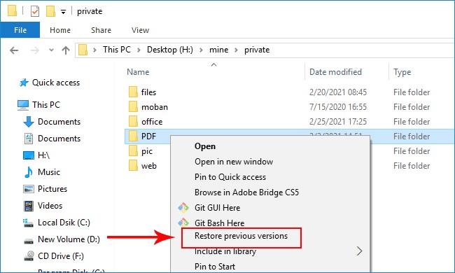 select Restore previous versions
