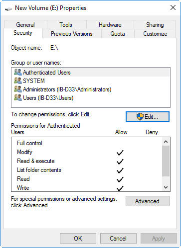 select security tab