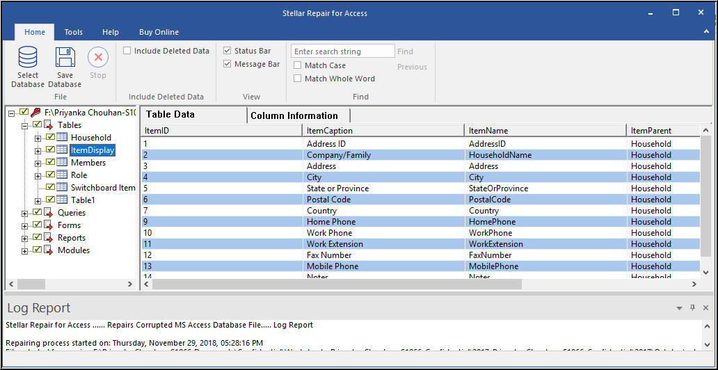 Preview of the database