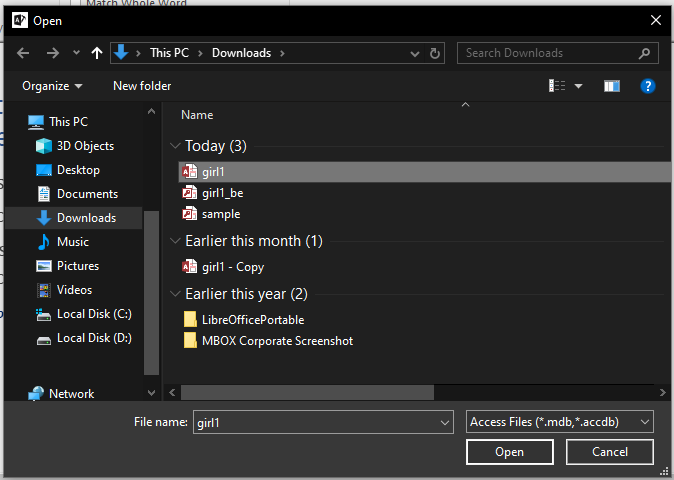 Browse for the corrupt Access database file