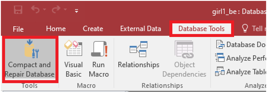 Select Database Tools and click on Compact and Repair Database