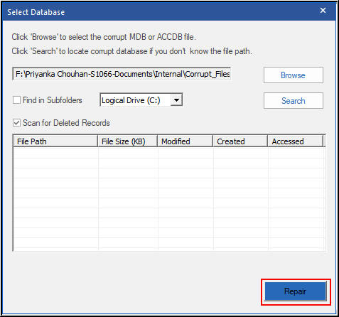 Select the Corrupt Access Database File