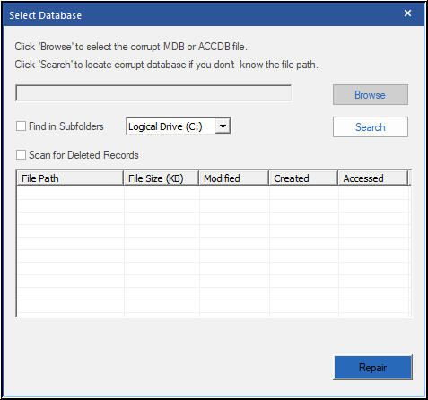 Select database in Stellar Repair for Access