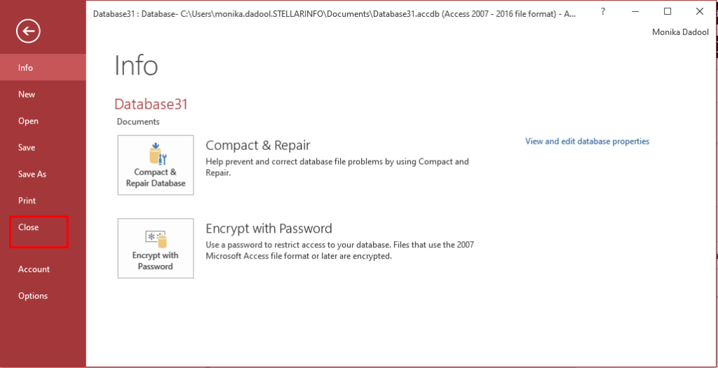 Click File and then Close option in Access