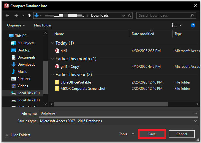Specify new name for the repaired database file