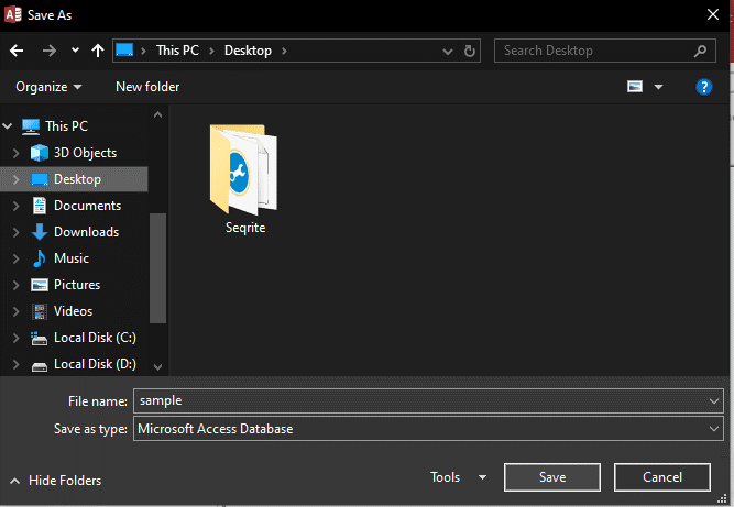 Select location to save Access file