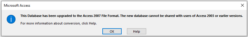 &ldquo;Database upgraded&rdquo; dialog box after converting Access version