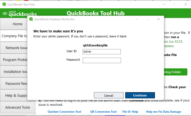 Enter the QuickBooks Admin password