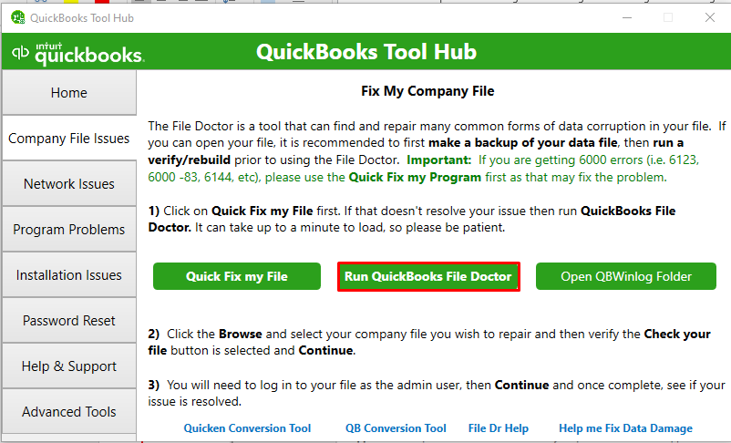 Select Run QuickBooks File Doctor tool
