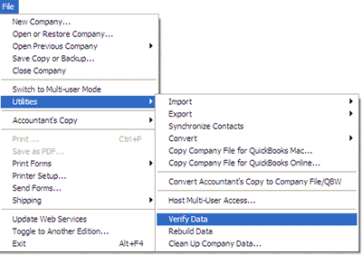 Instructions for opening the data file, logging in as administrator, selecting Single User Mode, and initiating data verification through the File > Utilities > Verify Data option.