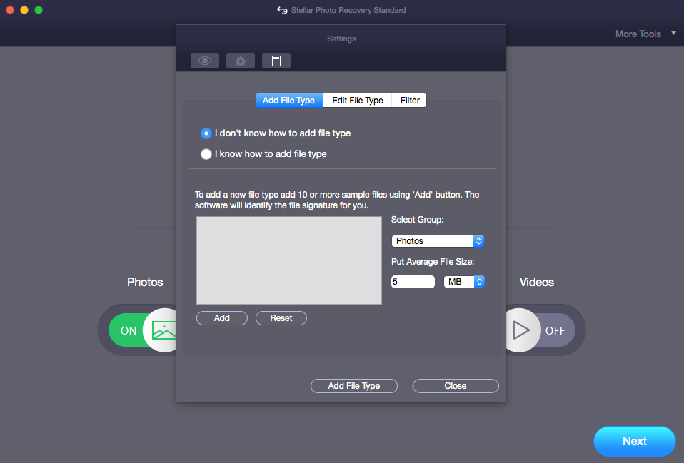 Stellar Photo Recovery- Add File Type