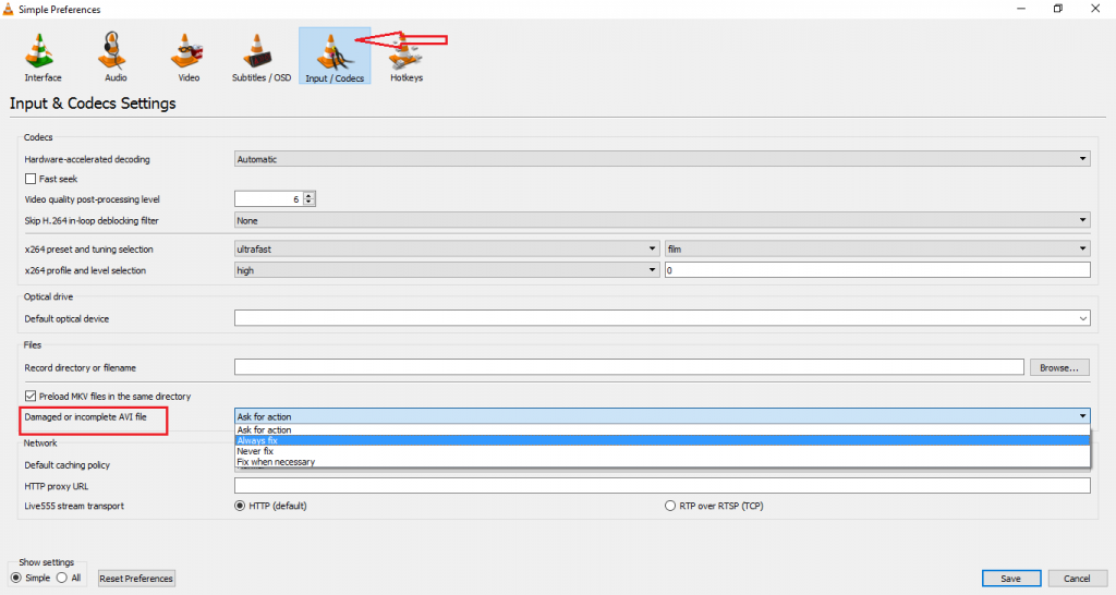 VLC Select AVI fix Always fix