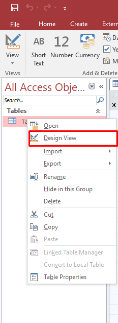 Open Access table in Design View