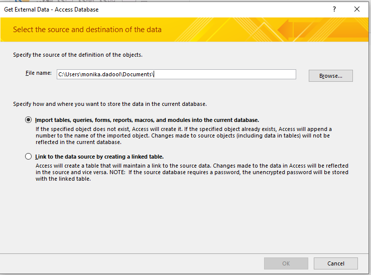 Click Import table option in get external data Access database