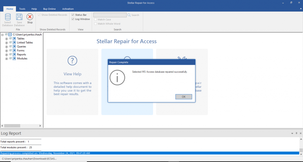 click OK on Selected MS Access database repaired successfully message