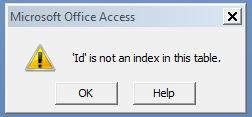 Error message: "'Id' is not an index in this table" while opening an Access Database signifies database corruption.