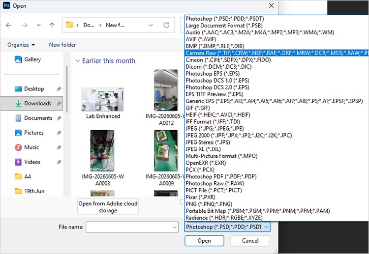 open image as camera RAW with photoshop