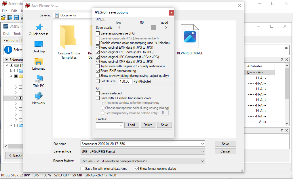 save JPEG image with IrfanView app