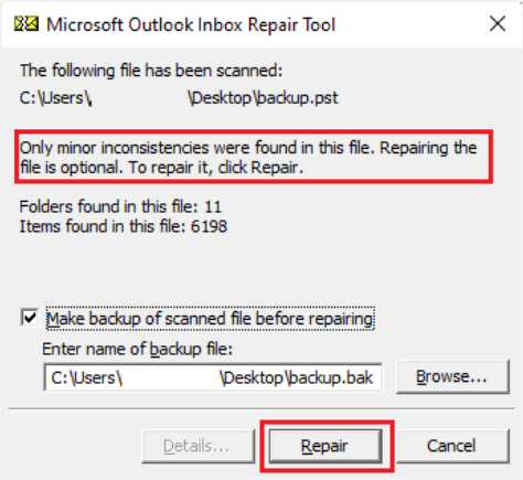 Click Repair to Start Repairing PST file