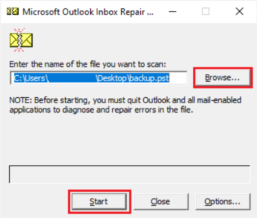 Double-Click SCANPST and Browse Corrupted PST File