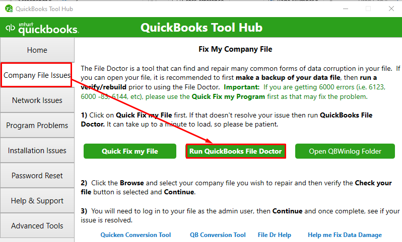 Select Run QuickBooks File Doctor in Tool Hub