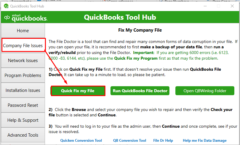Select Quick Fix my File option in QuickBooks Tool Hub