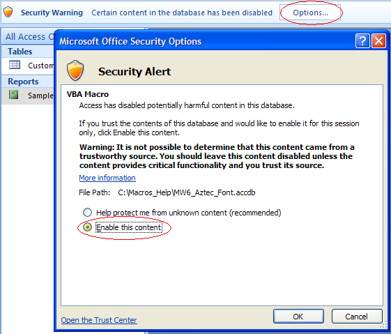 Enable content in the MS Office Security Options dialog box by clicking Options on the Security Warning message bar after opening your Access database, then click OK.