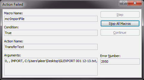 Error message indicating an action failure with details, including the macro name 'MacroName,' a specified condition, 'RunCode' macro, associated arguments, and an error number 2950.