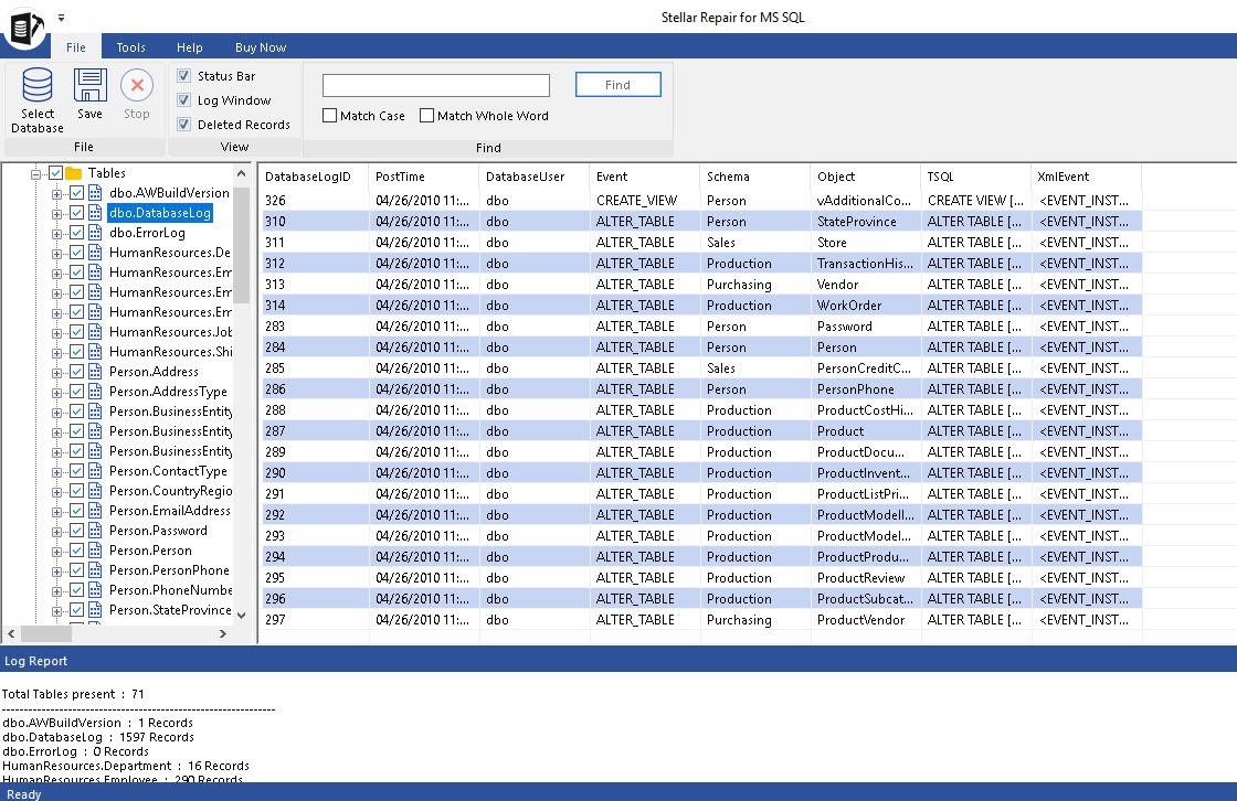 Vista previa de componentes de base de datos reparados