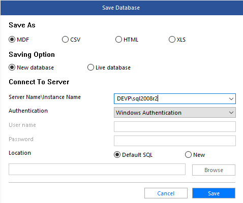 Aggiungere dettagli per salvare il file di database riparato 