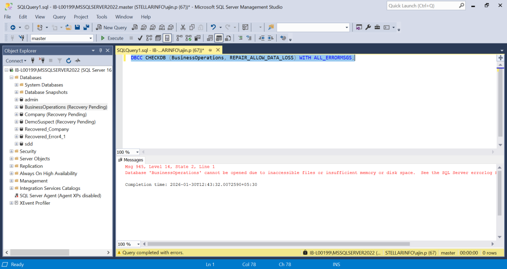 Error when DBCC CHECKDB fails