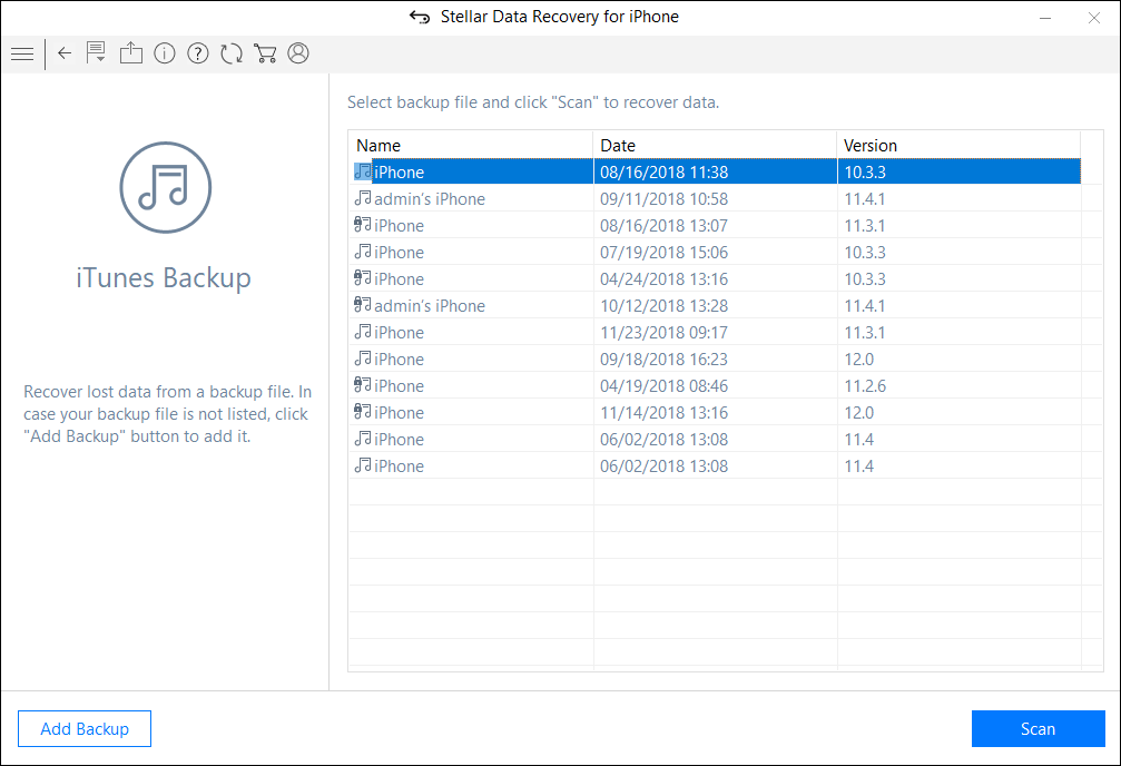 Stellar iPhone data recovery- list of backups available
