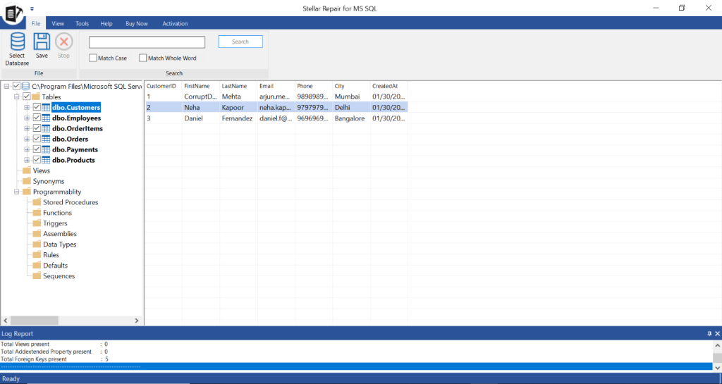 Selected MS SQL database repaired successfully