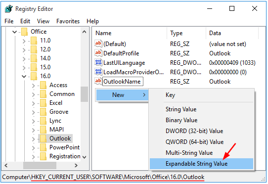 Selection of Expandable String Value in the Registry Editor