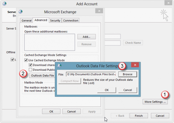 Actions in the Advanced section of Microsoft Exchange account