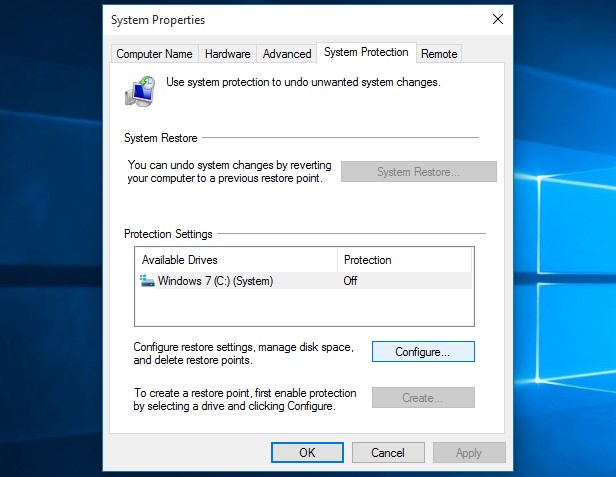Windows 10 System Properties - to Restore System Previous Version