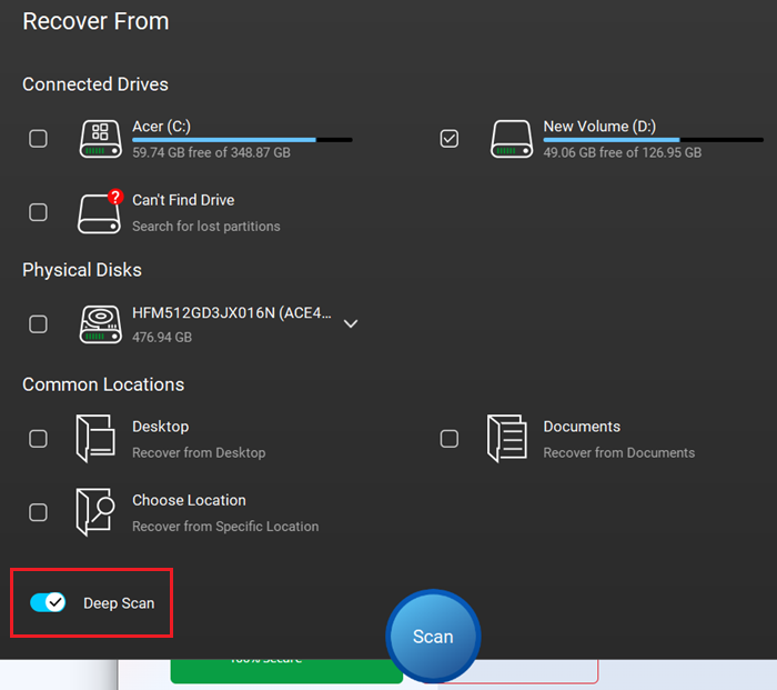 software offers a quick scan and a deep scan