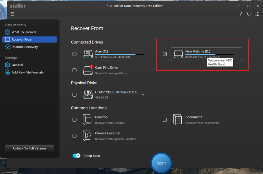 select the drive from the list of drives