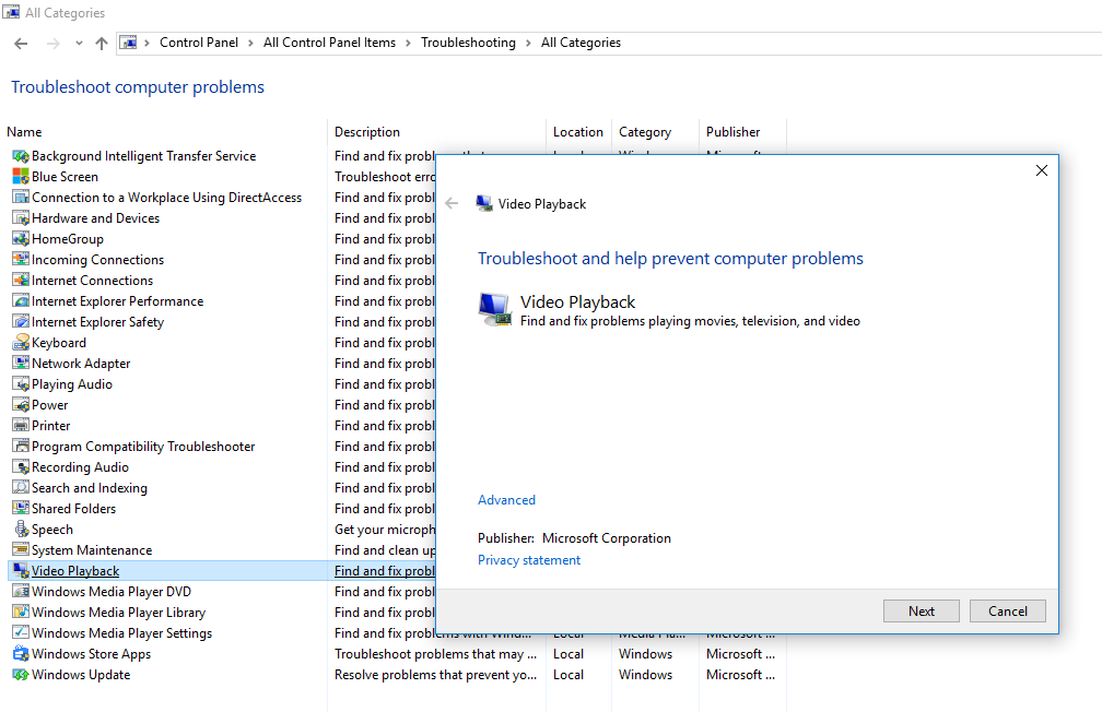 Video Playback troubleshoot in Windows 10 