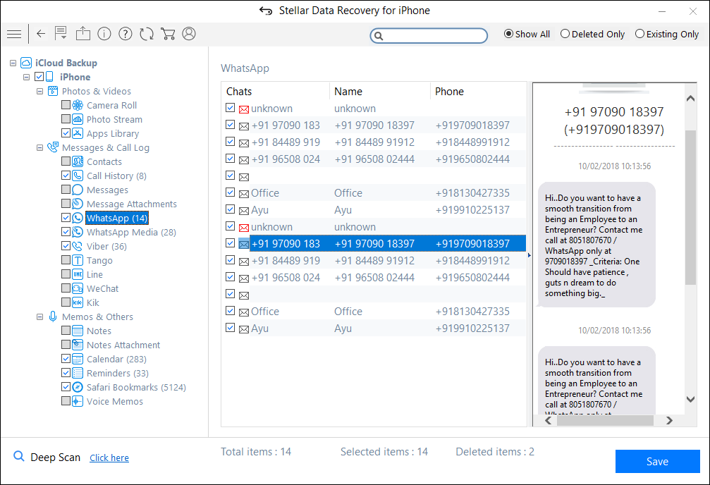 Stellar iPhone data recovery- preview of recovered files