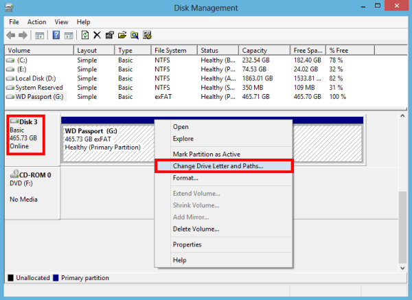 Check the drive letter and Paths on Disk Management