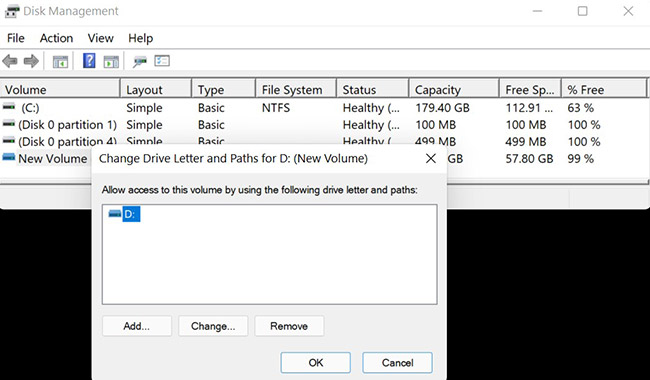 Select Change Drive Letter and Paths > Add > Choose a letter > OK