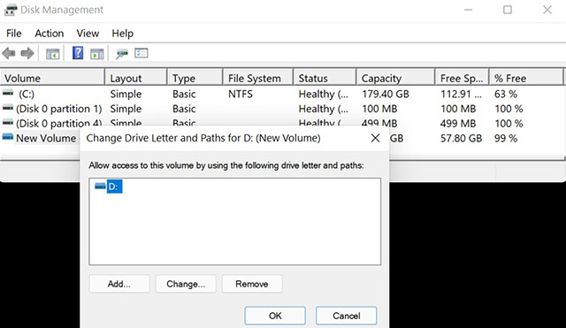 Select Change Drive Letter and Paths > Add > Choose a letter > OK