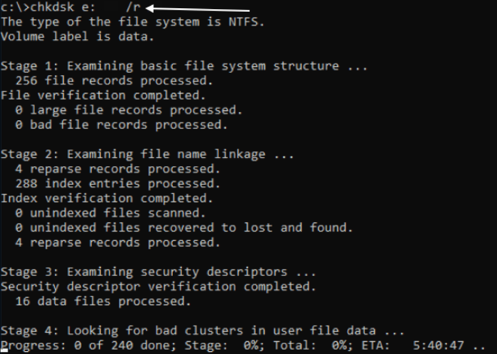 Use this command chkdsk e: /r