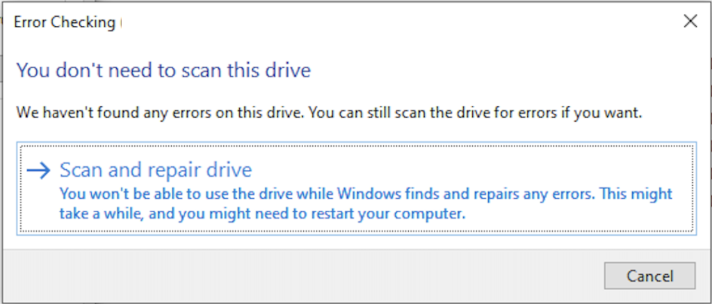 Choose option Scan and repair drive