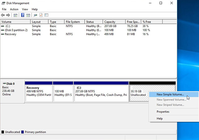 select New Simple Volume to create a new partition