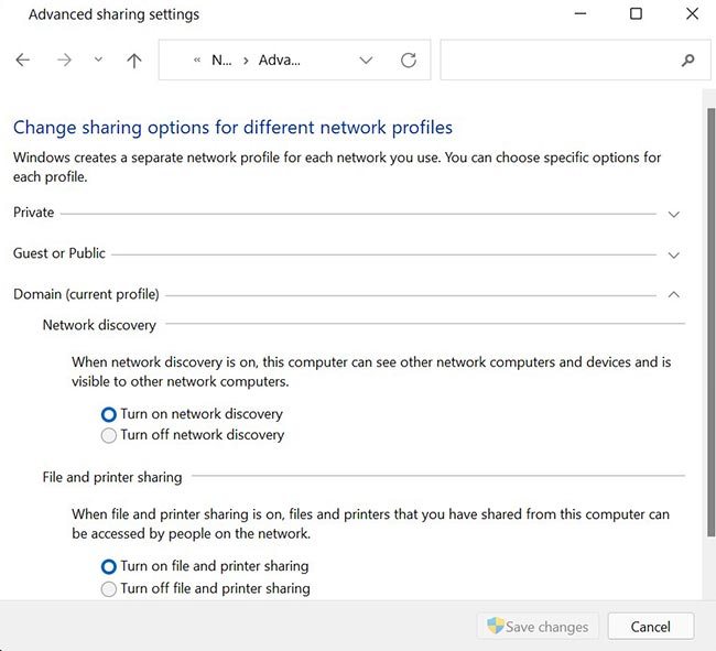 Turn on Network Discovery and File and Printer Sharing