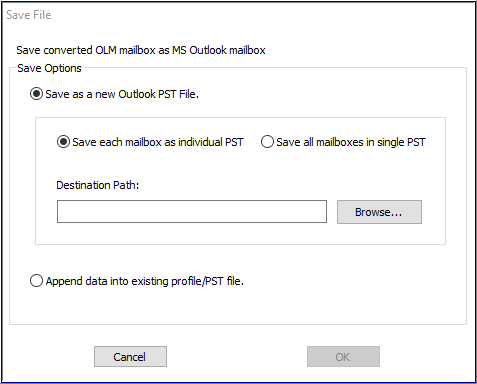 Save converted olm mailbox as Outlook PST