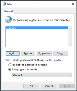 Create new profile in Outlook